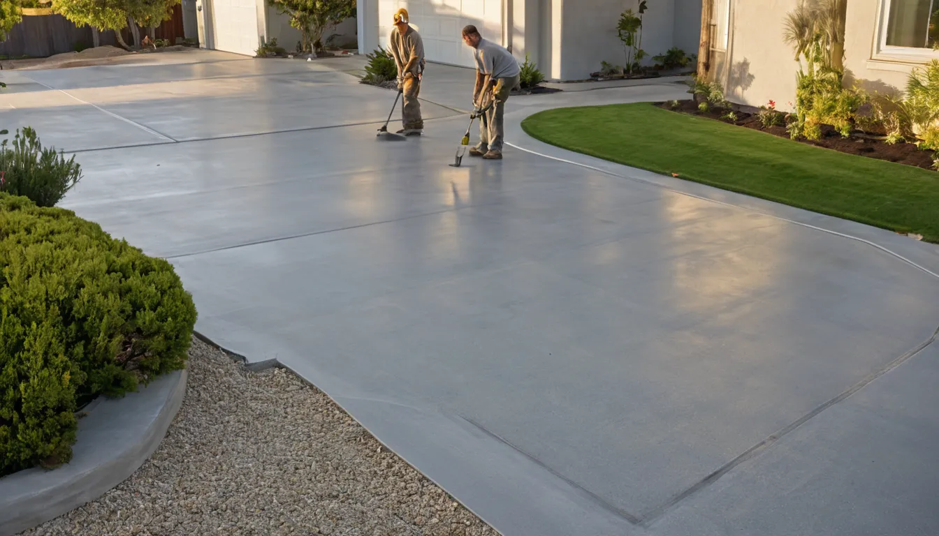 New concrete driveway being finished beside a stucco ranch home in the Sacramento area