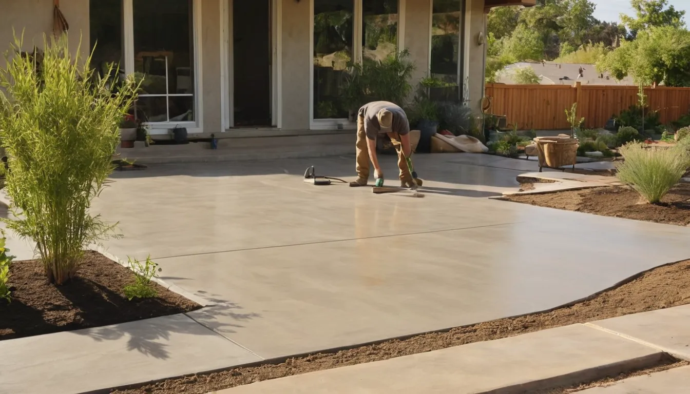 A newly poured concrete patio behind a single-story home in Sacramento